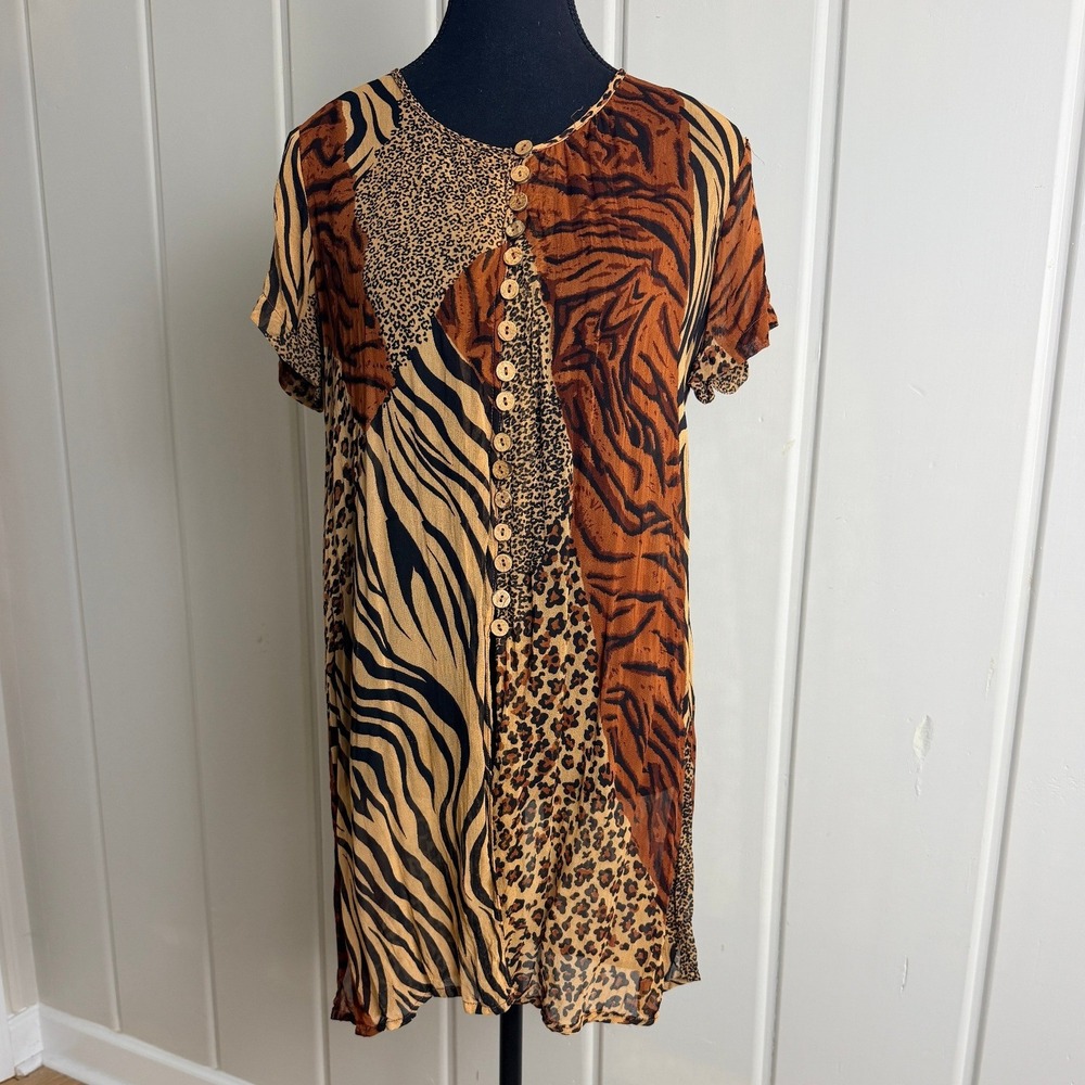 Phool Mixed Animal Print Patchwork Button Front Rayon Tunic Top Brown Orange M/M